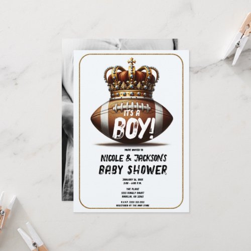 Football King Gold Crown Photo Baby Shower Invitation