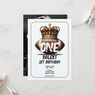 Football King Gold Crown Photo Back 1st Birthday Invitation