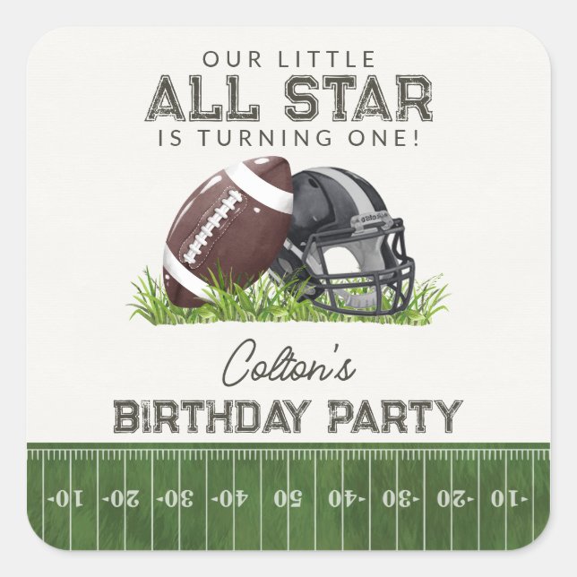Football Little All Star Touchdown Birthday Favor Square Sticker (Front)