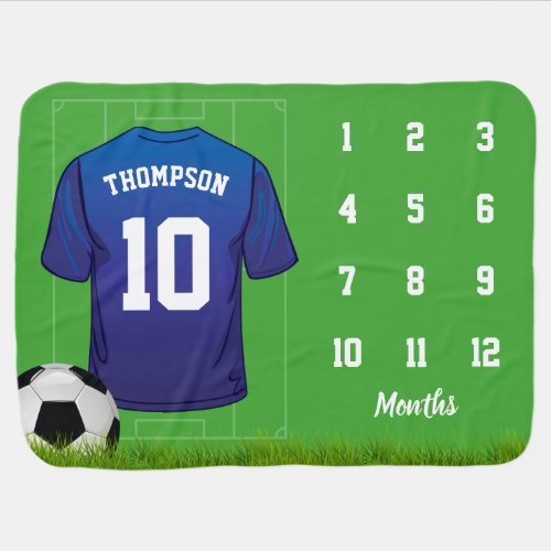 Football Milestone Monthly  Blue Soccer Baby Blanket