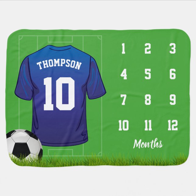 Football Milestone Monthly | Blue Soccer Baby Blanket (Horizontal)