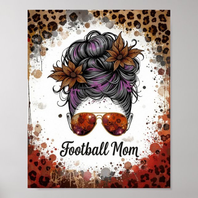 Football Mom Leopard Messy Bun Purple Floral Poster (Front)