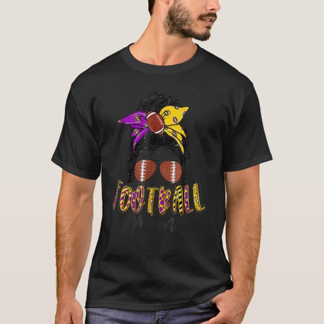 Football Mom Life Leopard Messy Bun Player Mother' T-Shirt (Front)