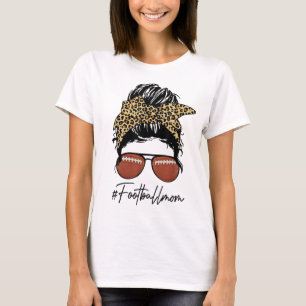 Football Mom With Leopard And Messy Bun T-Shirt
