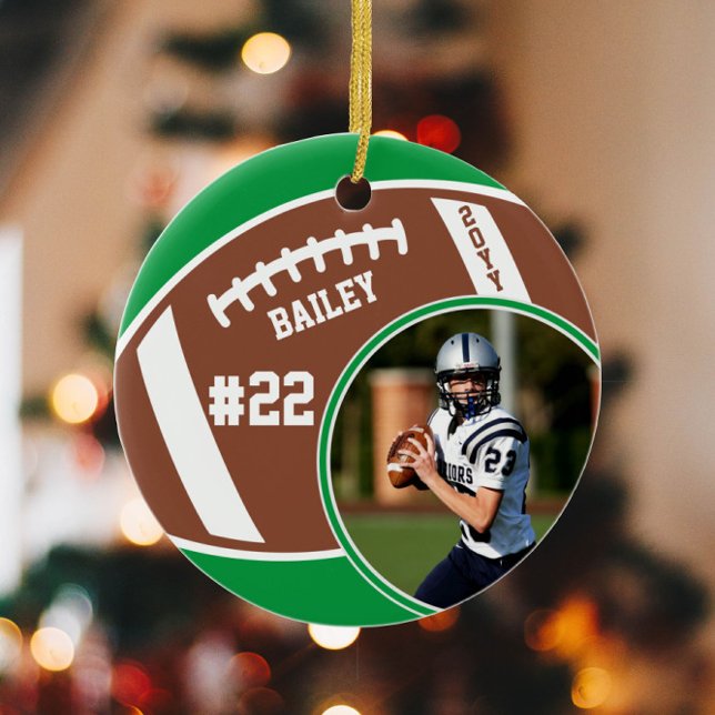 Football Name Jersey Number Photo Keepsake Ceramic Ornament (Creator Uploaded)