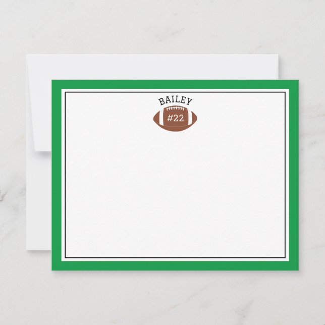 Football Name & Number Green Stationery Note Card (Front)