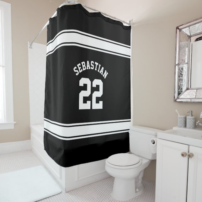 Football Novelty Personalized Jersey Black White Shower Curtain (In Situ)