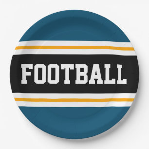 FOOTBALL Ocean Teal Black White Orange Stripes Paper Plates