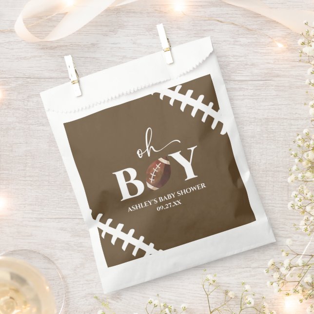 Football Oh Boy Brown White Baby Shower Favor Bag (Clipped)