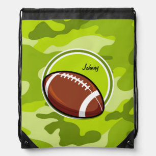Football on bright green camo, camouflage drawstring bag