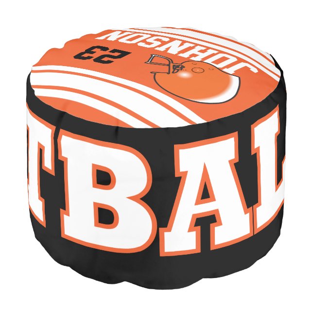 Football Orange, White and Black Sport Pattern Pouf (Angled Front)