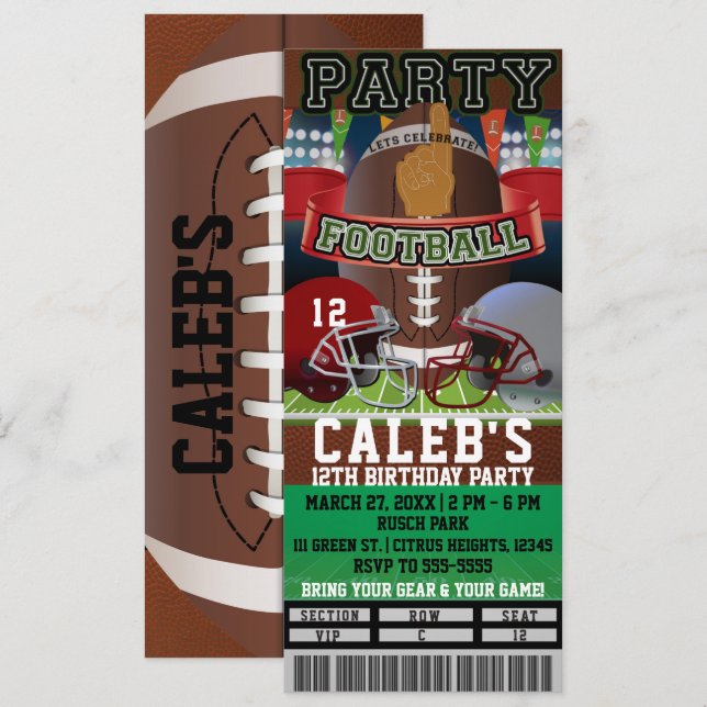 Football Party Birthday VIP Game Ticket Custom Invitation (Front/Back)