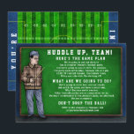 Football Party Funny Coach Speech Field Game Day Invitation<br><div class="desc">These fun football party invitations include a coach on the front giving a pregame speech and a football field on the back. The coach stands in front of a chalkboard, and you can personalize all the text next to him. Right now, it includes phrases made to motivate your guests to...</div>