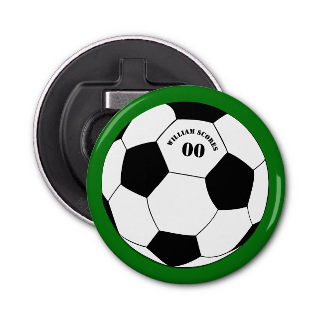 Football party, Soccer Ball with Name & Number Bottle Opener (Front)