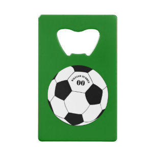 Football party, Soccer Ball with Name & Number Credit Card Bottle Opener