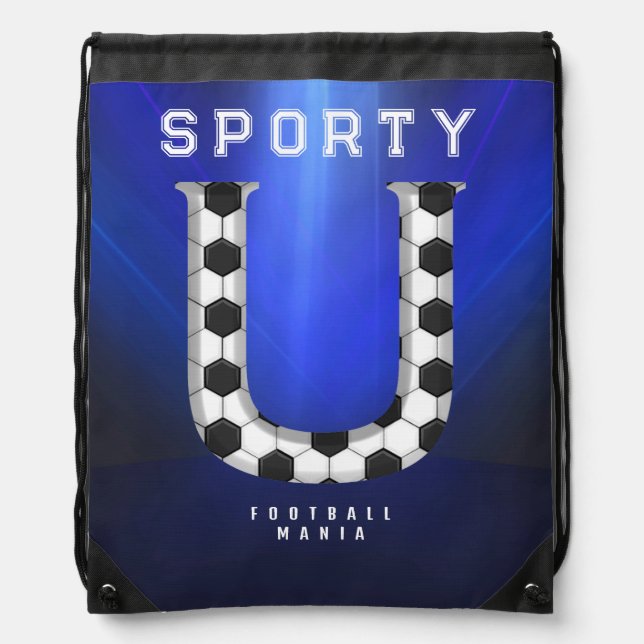 Football Pattern Alphabet Letter U Editable Text Drawstring Bag (Front)