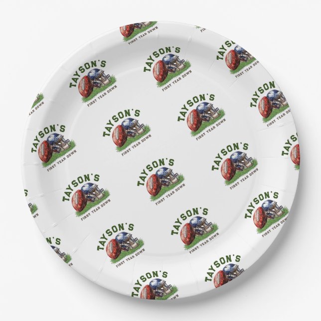 Football Pattern First Year Down 1st birthday Paper Plates (Front)