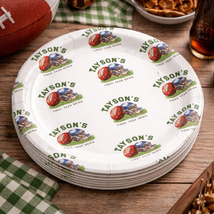 Football Pattern First Year Down 1st birthday Paper Plates