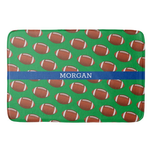 Football Pattern, White Name, Blue & Green Bath Mat (Front)