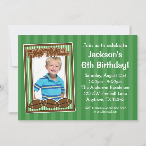Football Photo Birthday Party Green Invitations