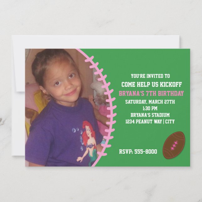 Football Pink Girl Birthday Party PHOTO Invitation (Front)