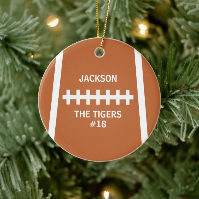Football Player Ball Cool Custom Team and Number Ceramic Ornament (Tree)