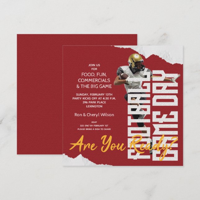 Football Player Big Game Day Red Party Invitations (Front/Back)