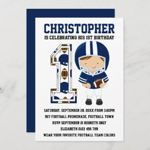 Football Player Blue White 1st Birthday Party Invitation