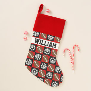 Football Player Custom Name Red and Black Sports Christmas Stocking