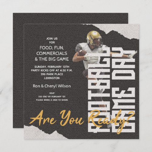 Football Player Game Day Black Party Invitations