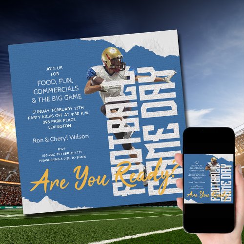 Football Player Game Day Blue Invitation