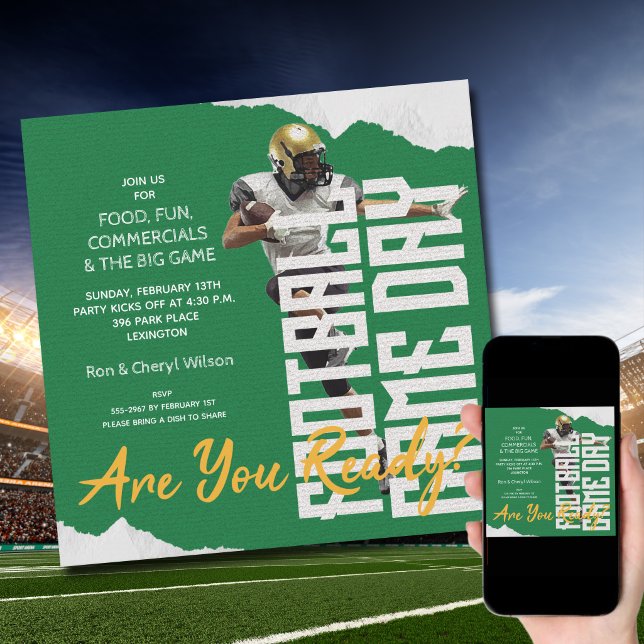 Football Player Game Day Green Invitation