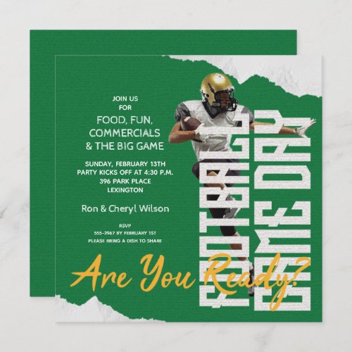 Football Player Game Day Green Party Invitations