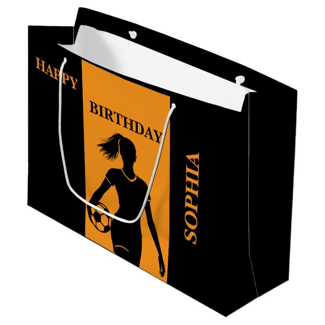 Football Player Girl Black Orange Birthday  Large Gift Bag (Front Angled)