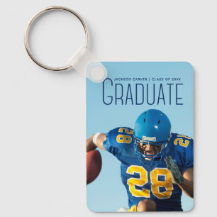 Football Player Graduation 2024 Blue Script Photo Keychain