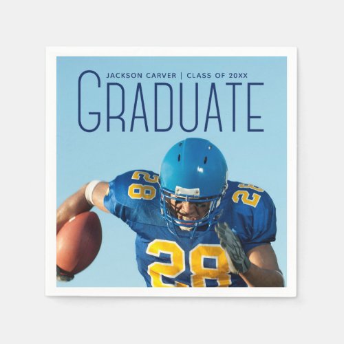 Football Player Graduation 2024 Blue Script Photo Napkins