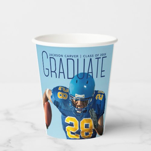 Football Player Graduation 2024 Blue Script Photo Paper Cups