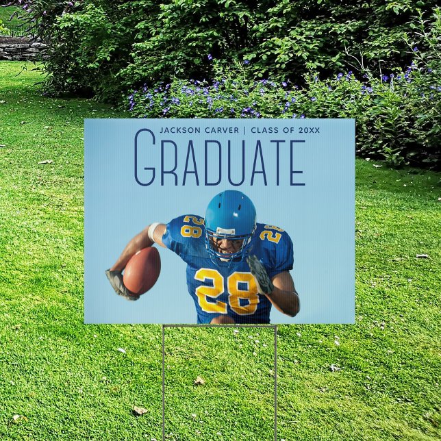 Football Player Graduation 2024 Blue Script Photo Sign (Creator Uploaded)