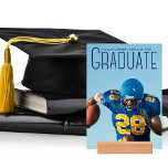 Football Player Graduation 2024 Graduate Photo Holder<br><div class="desc">Graduate written in tall blue typography over your senior portrait photo makes a simple graduation photograph keepsake gift for a football player on a sports team. Customize with your name and high school or university class of 2024 and add your personal details to this minimalist text overlay commemorative graduate present....</div>