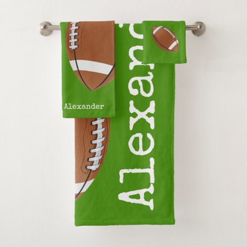 Football Player Monogrammed Name Green Bathroom Bath Towel Set