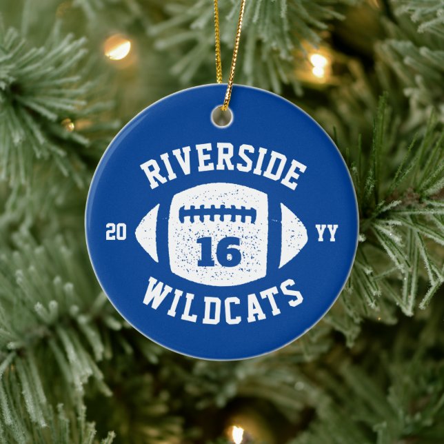 Football player photo blue personalized holiday ceramic ornament (Tree)