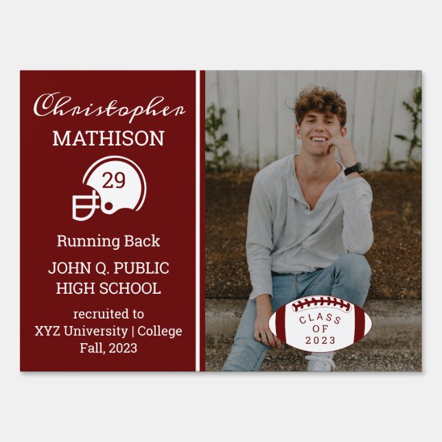Football Player Photo Dk Red Graduation Sign (Front)