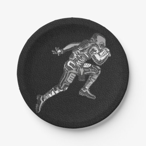 Football Player Running Quarterback Black Silver Paper Plates