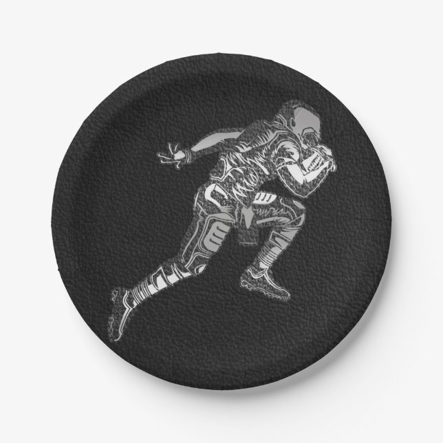 Football Player Running Quarterback Black Silver Paper Plates (Front)