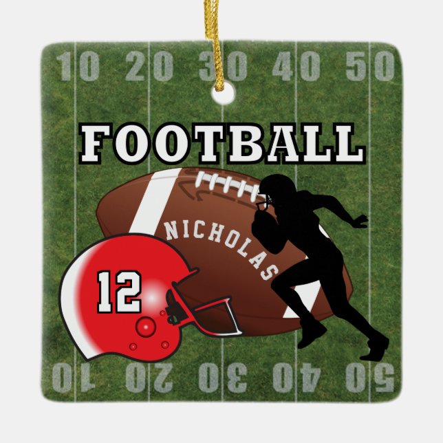 Football Player Touchdown - Red Ceramic Ornament (Front)