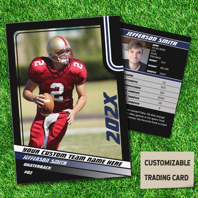 Football Player Trading Card Custom Gift in Blue (American Football Player Trading Card in Black with Custom Team and Player Name with Blue Stripes)