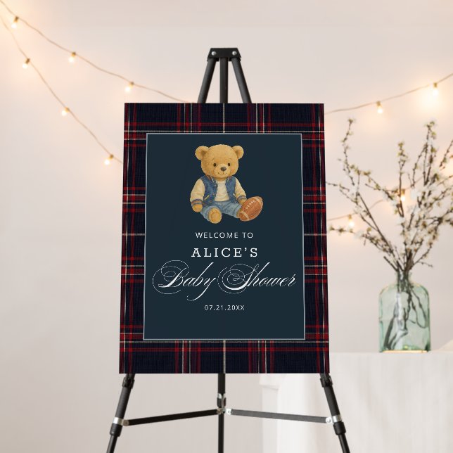 Football Preppy Bear Welcome Sign Baby Shower (In Situ (Stand))