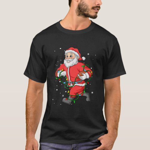 Football Santa Claus Christmas Tree Lights Pajama T_Shirt