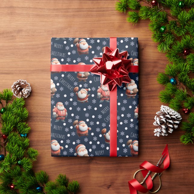 Football Santa on Navy Blue Wrapping Paper (Holiday Gift)