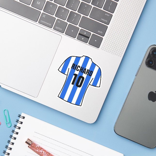 Football shirt design in Blue & White Stripes Sticker (Laptop w/ iPhone)